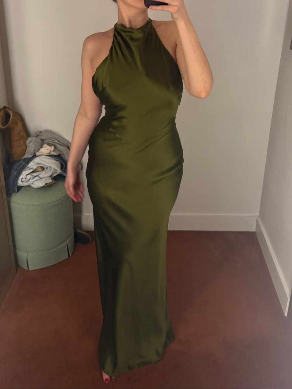Reformation - Elegant Olive Green Backless Satin Halter Dress (US 8) [NWT] - Picture 5 of 6